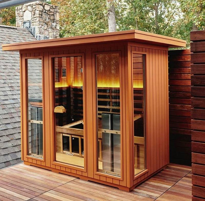 Outdoor infrared sauna set up on deck